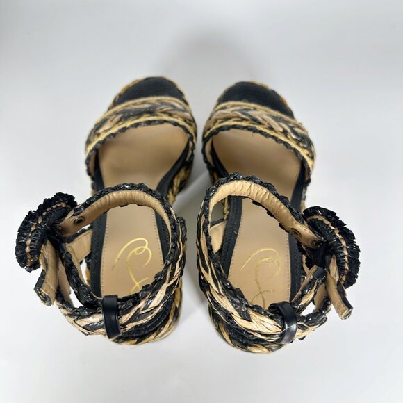 Sam Edelman Black Natural Raffia Lliana sz 7 Woven Platform Sandals Ankle Strap - Picture 11 of 15